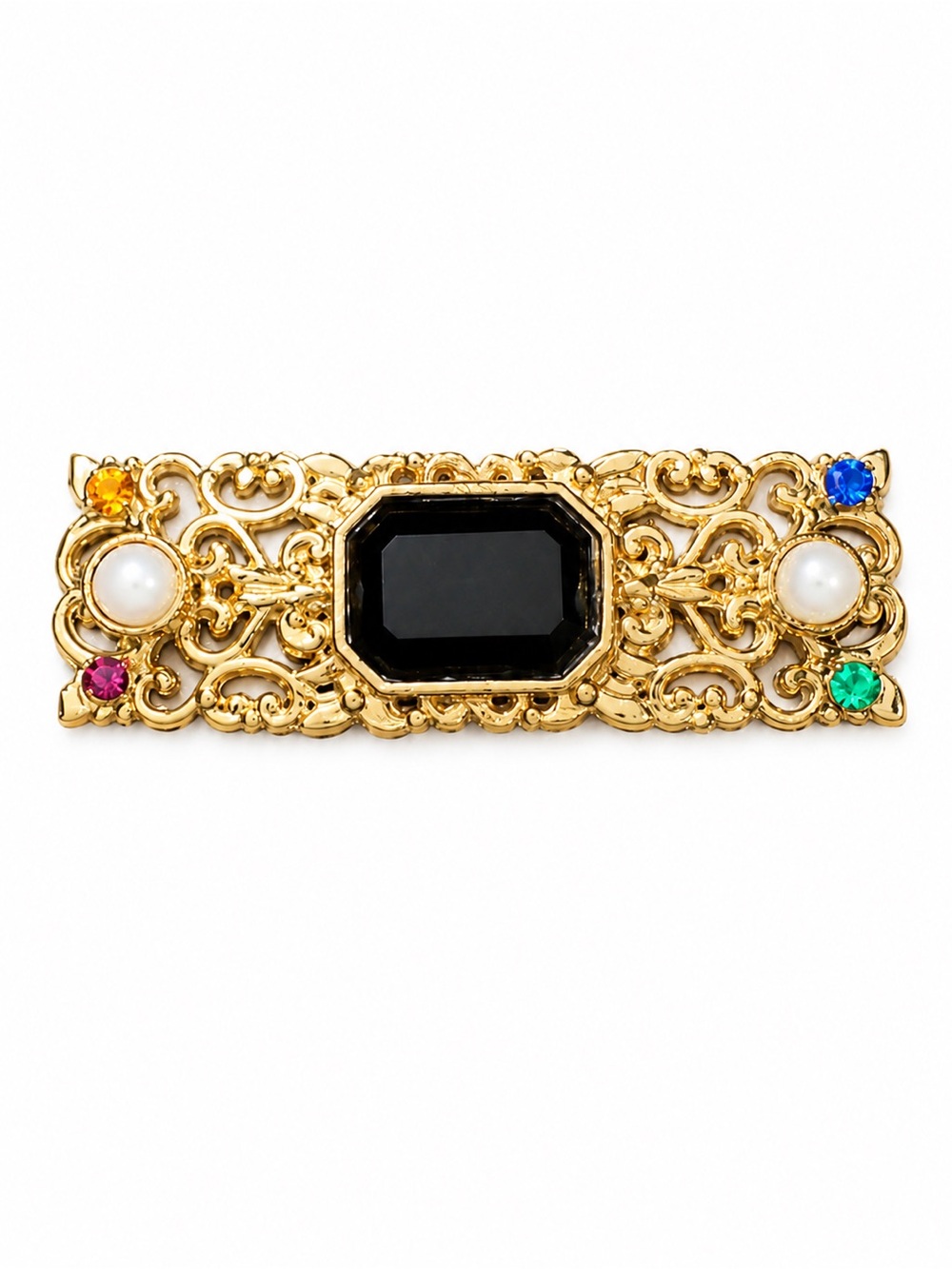 Vintage Gold Tone Filigree Brooch with Faceted Black Stone & Rhinestone Accents
